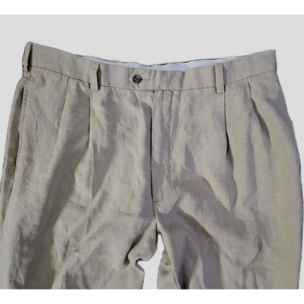 Jos A Bank Pants Mens 40 Beige Linen Travelers Pleated Cuffed